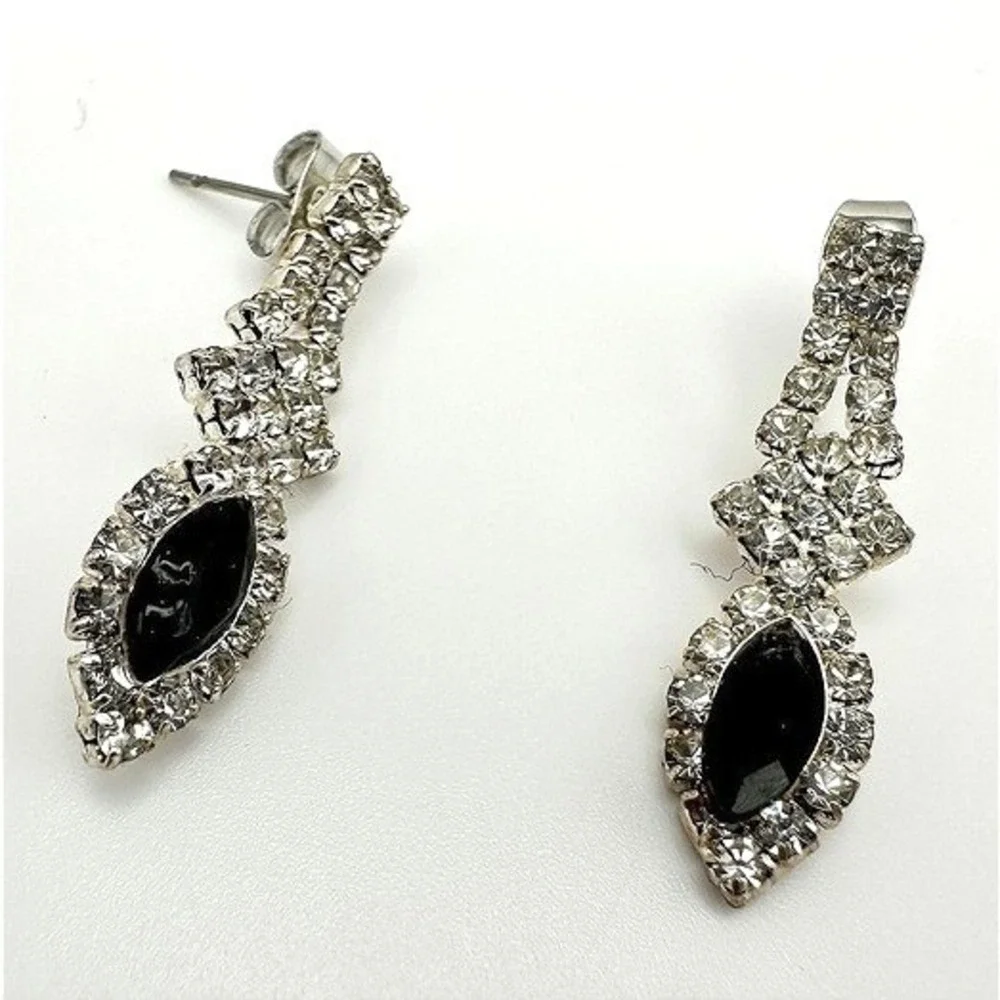 Vintage 80s Silver‎ Tone Jewelry Black Marquise Crystal Rhinestone Drop Earrings